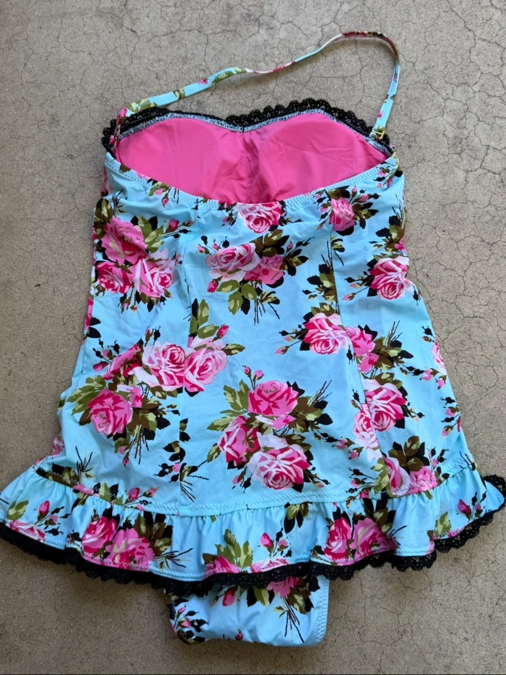 Betsey Johnson Swimsuit Dress Gypsy Rose blue Pink floral Ruffle retro pinup S - Picture 2 of 8